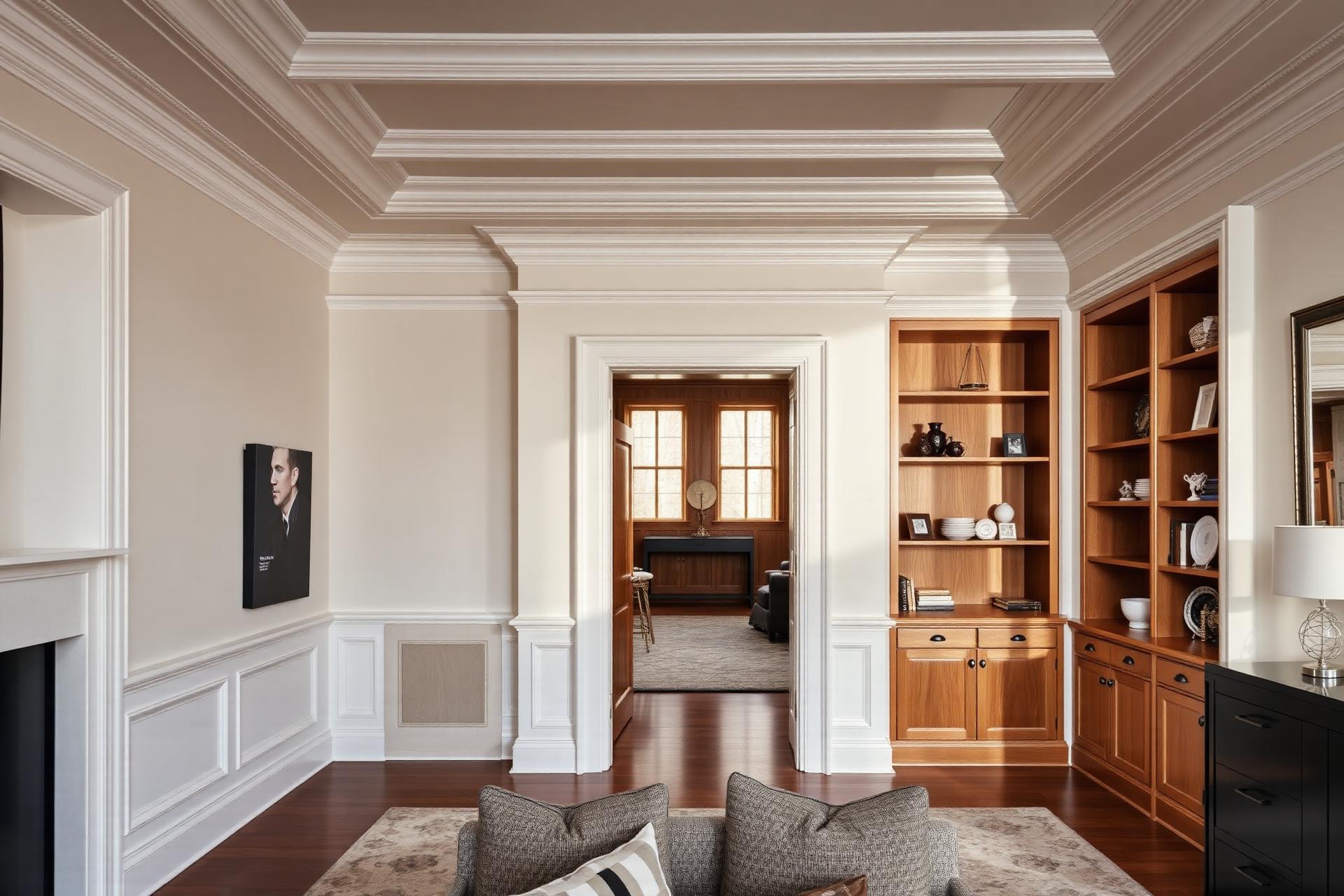 Detailed interior finish carpentry with crown molding, wainscoting, and custom built-ins
